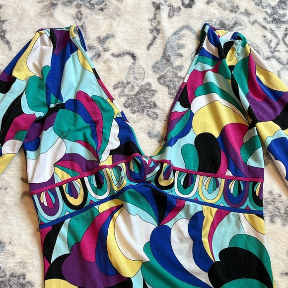 Emilio Pucci Plunge V-Neck 3/4 Length Sleeve Multi-Colored Marmo Print Top XS - Picture 3 of 12